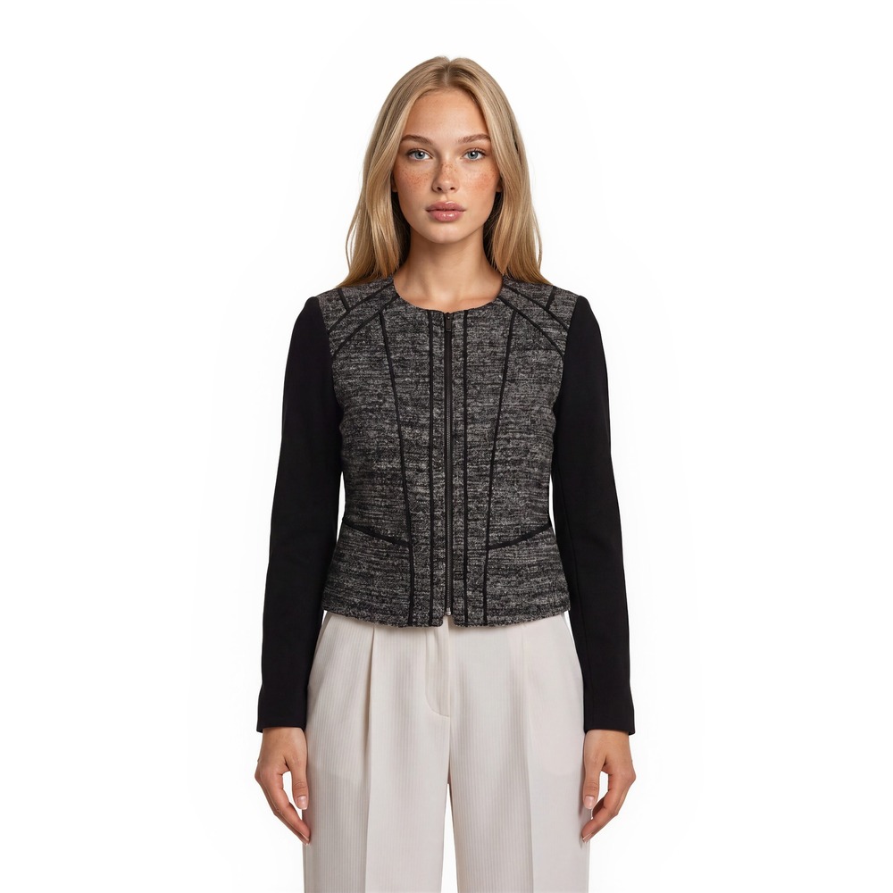 Ann Taylor Blazer Women's Size 6 Black Gray Tweed Full Zip Collarless Jacket